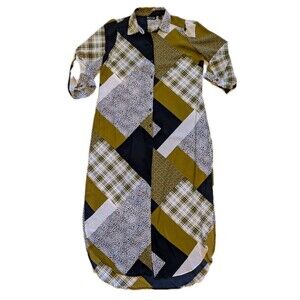 7th Ave Design Studio Plaid Patchwork Satin Shirt Dress Sz M Chic Kitchie Career